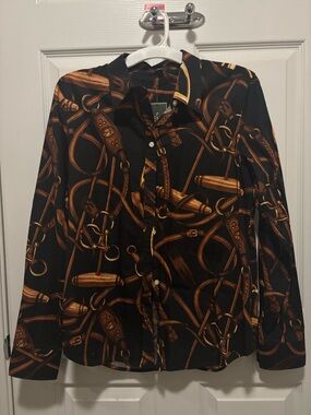 NWT Lauren Ralph Lauren Button Shirt Women L Horse Equestrian Print Long Sleeve
